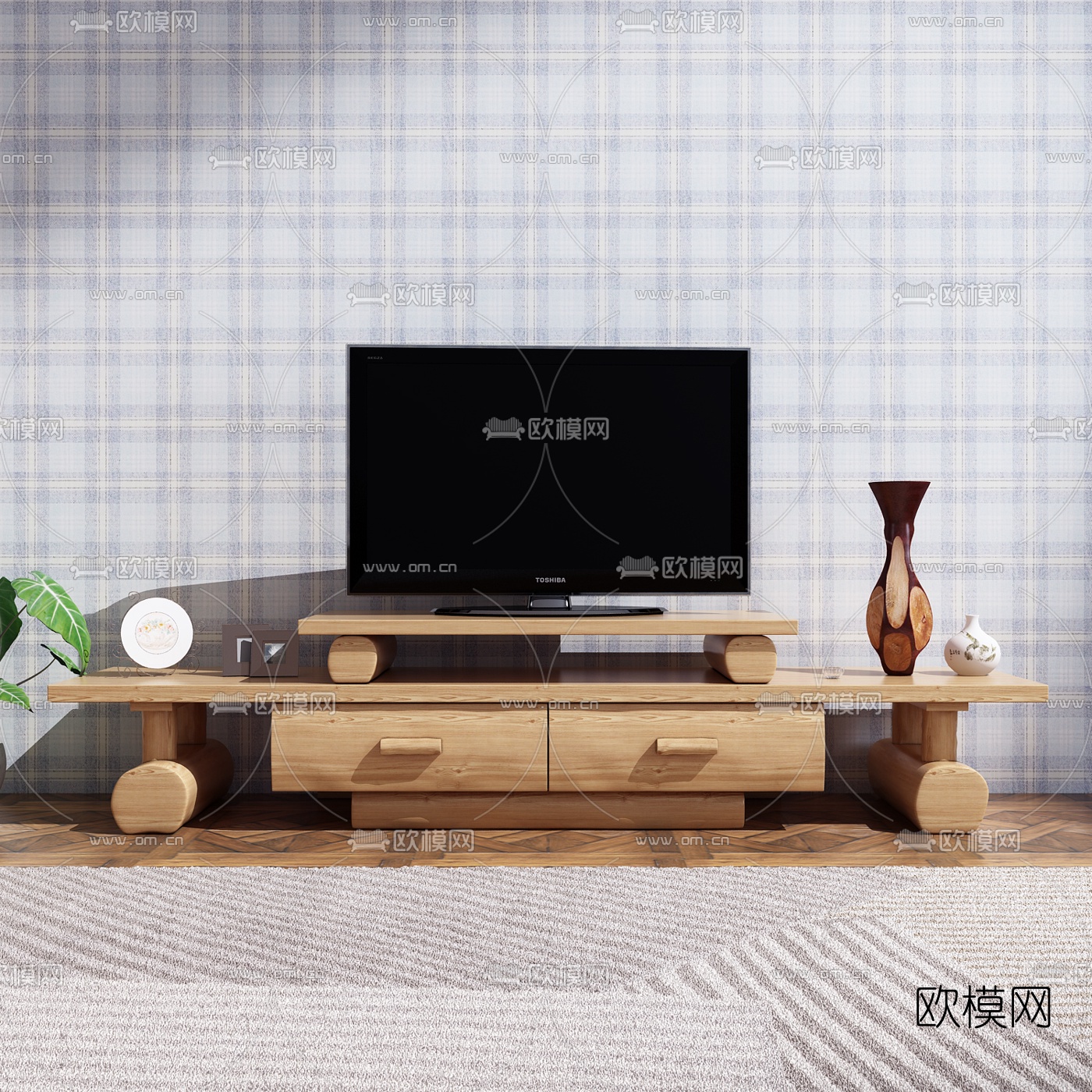 自然风原木电视柜3d模型下载（渲染图1）