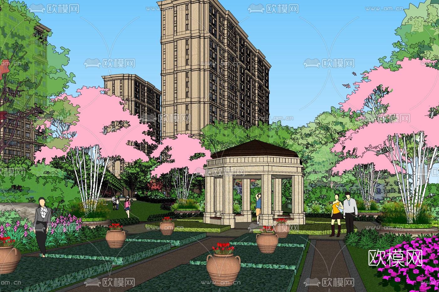 中式园林景观免费su模型下载