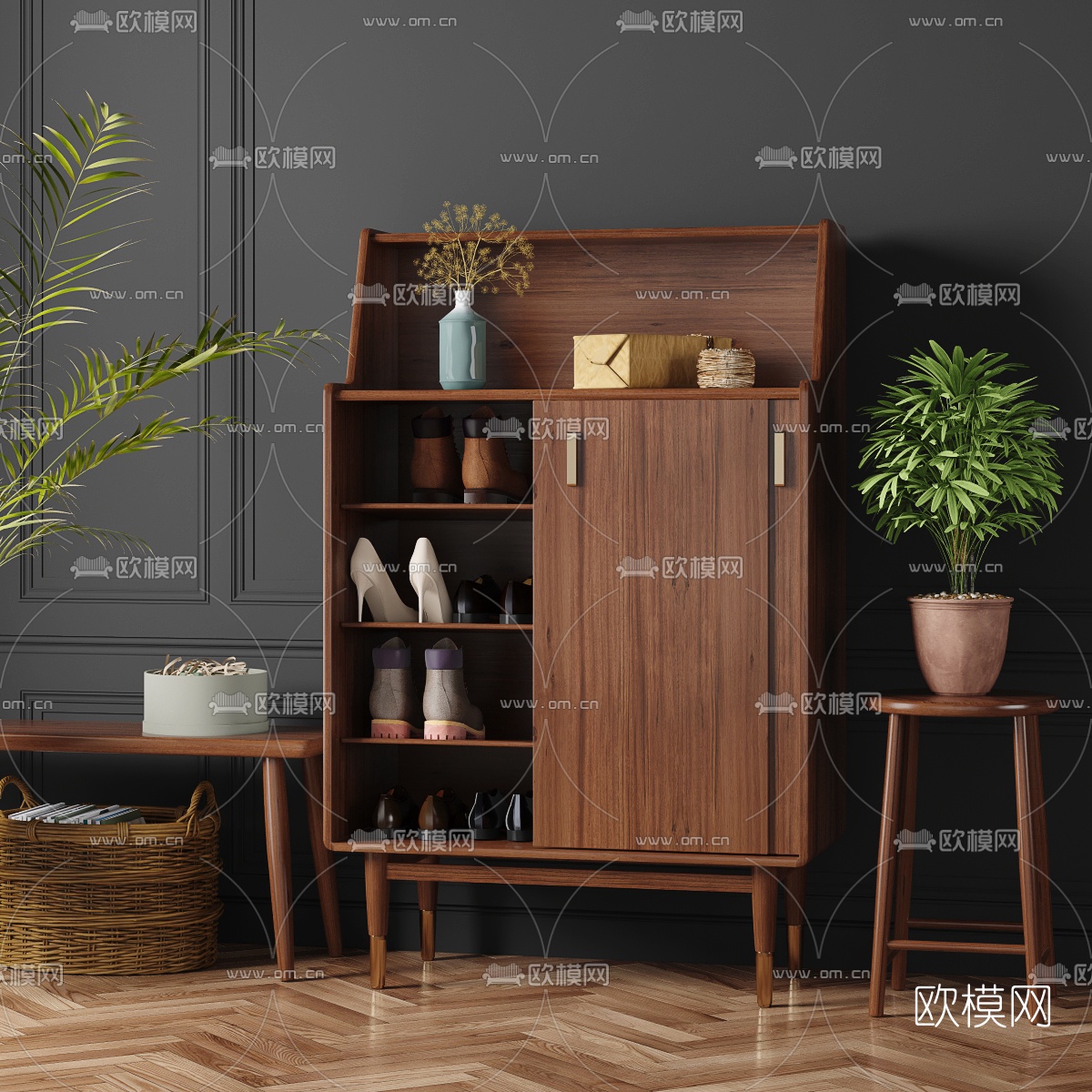北欧原木鞋柜3d模型下载（渲染图2）