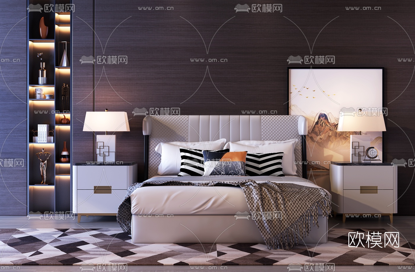 现代轻奢双人床3d模型下载（渲染图1）