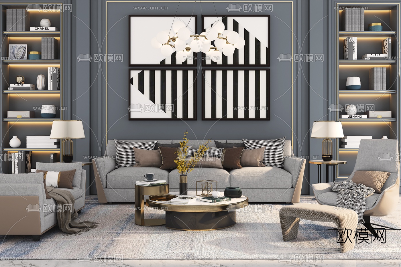 现代轻奢布艺沙发组合3d模型下载