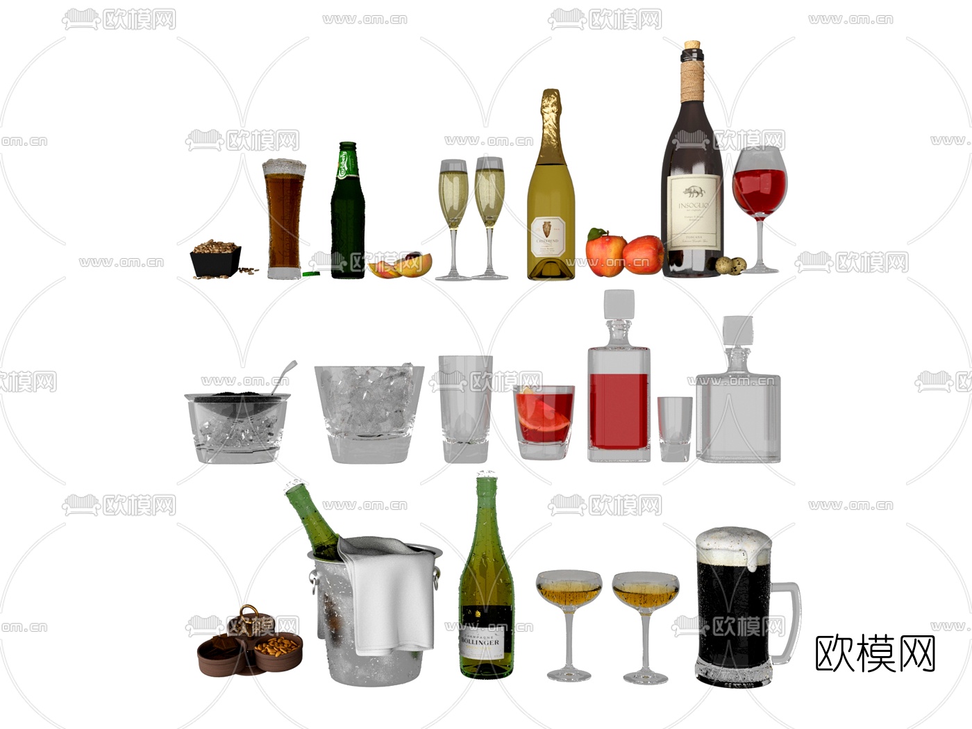 现代酒瓶酒杯红酒洋酒3d模型下载