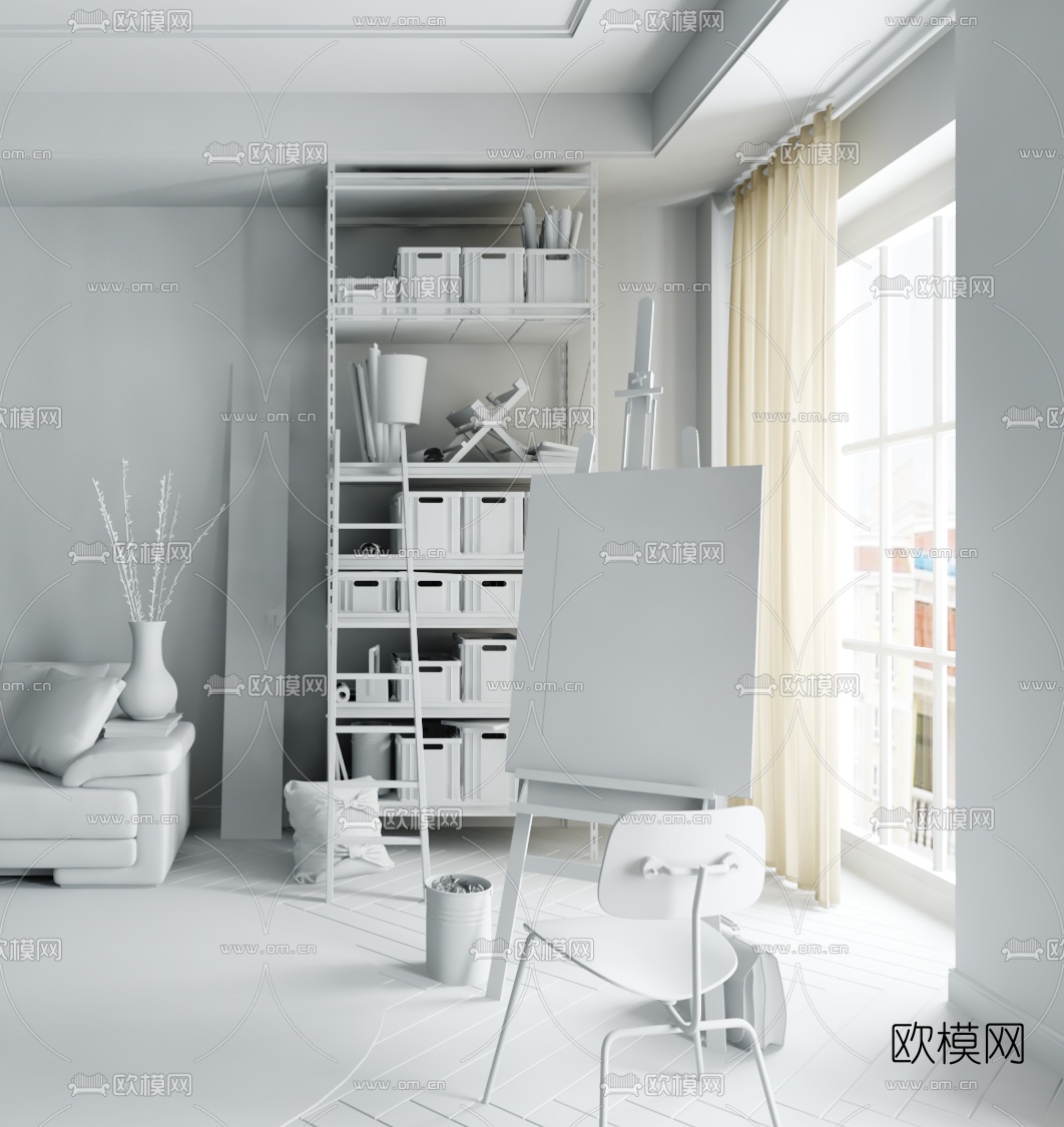 现代画室一角3d模型下载（渲染图2）