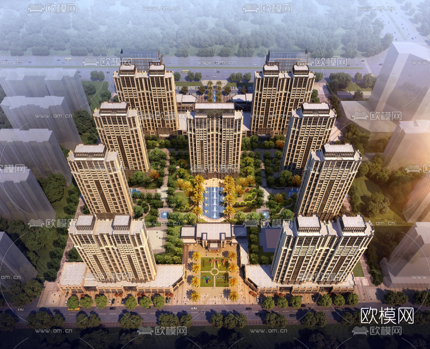 现代住宅小区鸟瞰规划3d模型下载