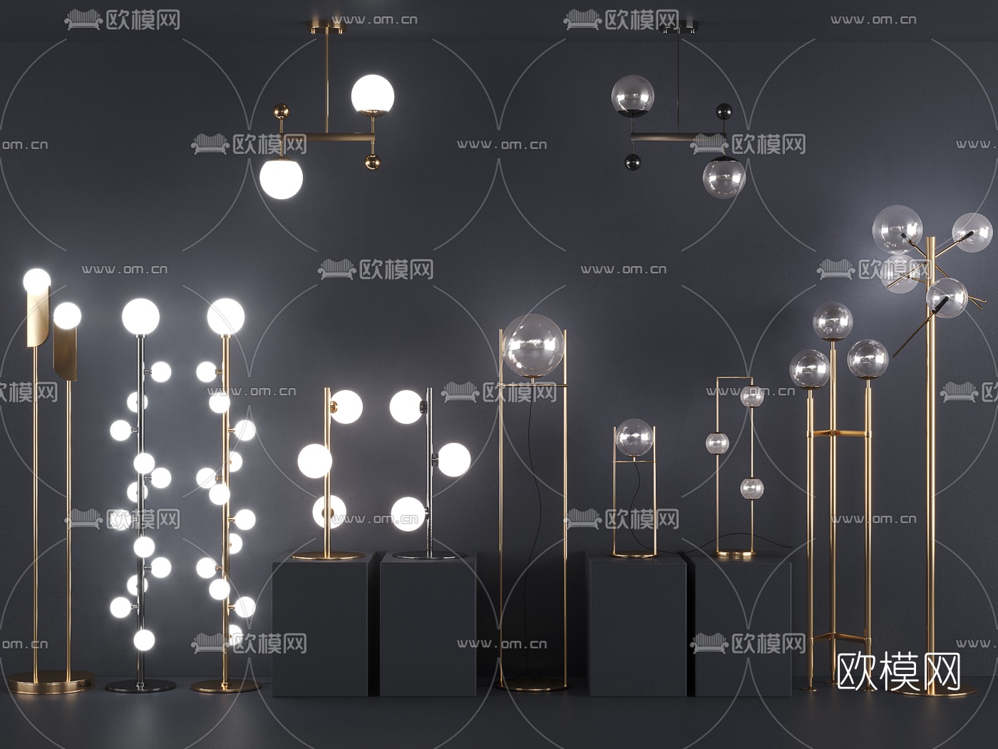 现代金属玻璃灯具组合3d模型下载（渲染图1）