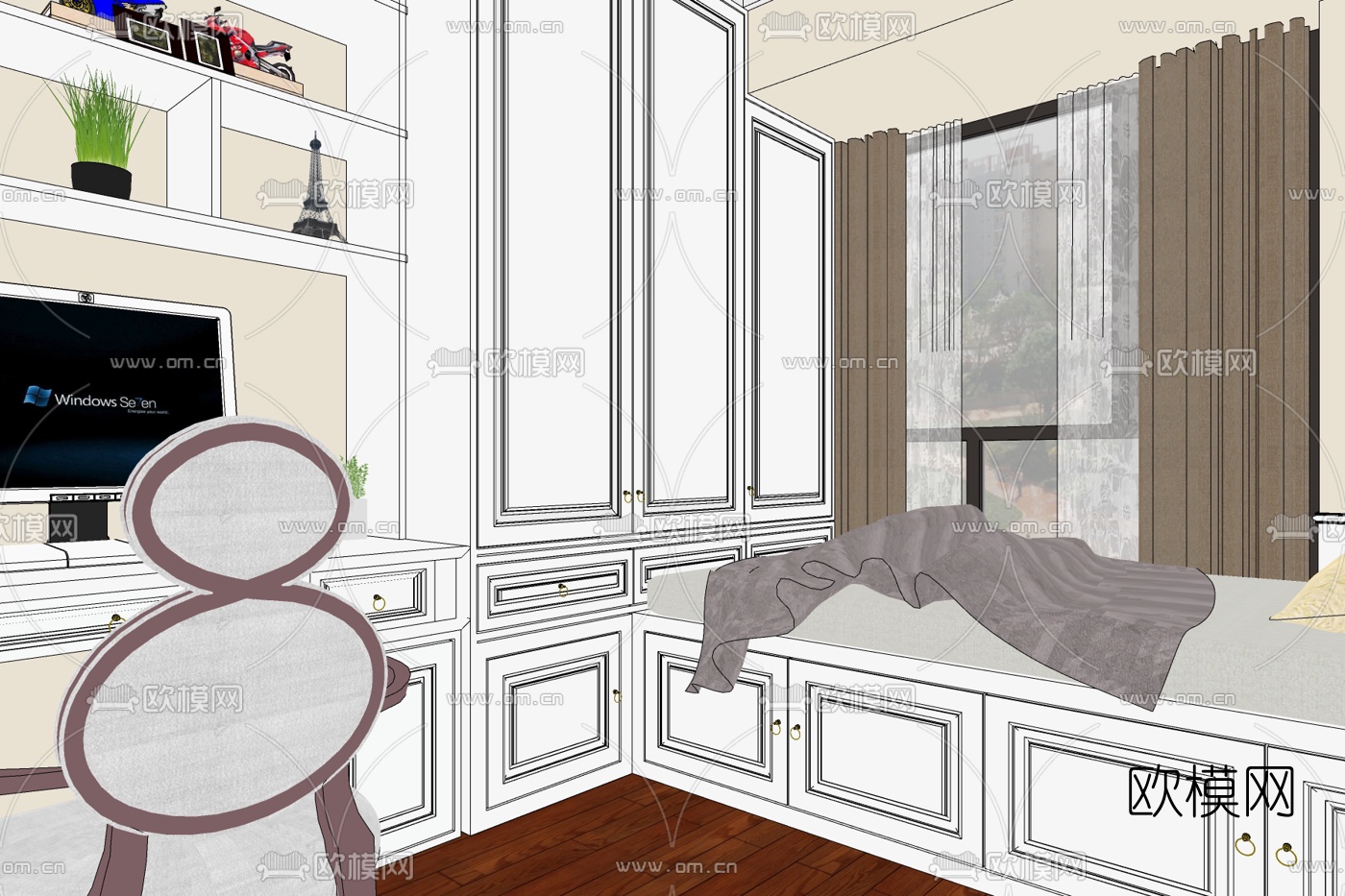 美式榻榻米书房免费su模型下载