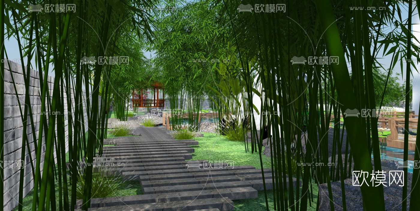 中式庭院景观su模型下载（渲染图3）