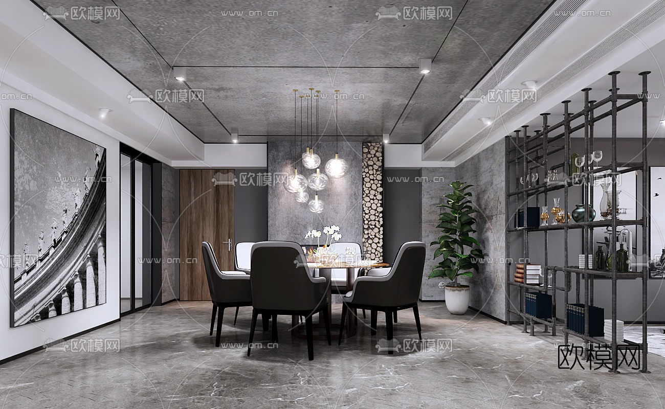 工业风客厅餐厅3d模型