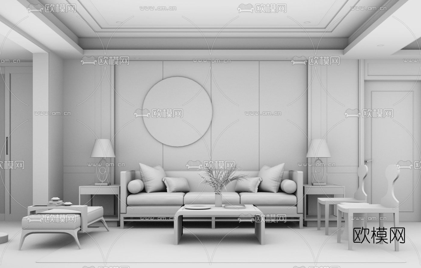 新中式客厅su模型