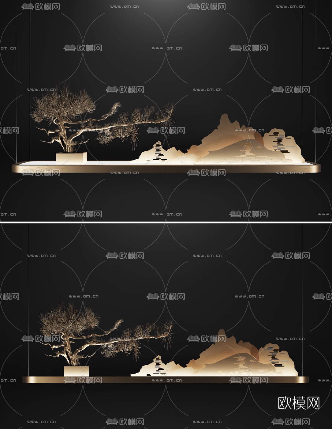新中式松树假山装饰灯3d模型下载