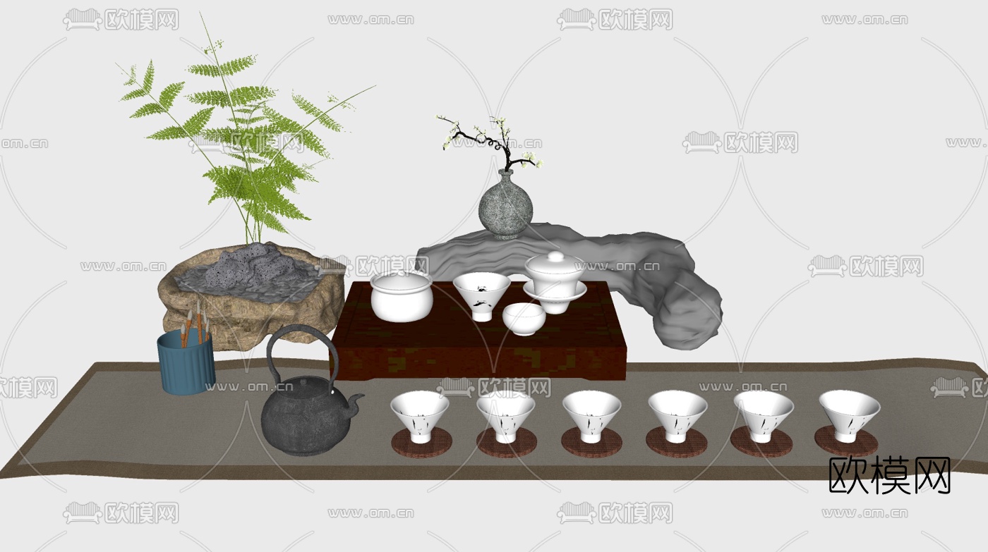 中式茶具组合su模型下载