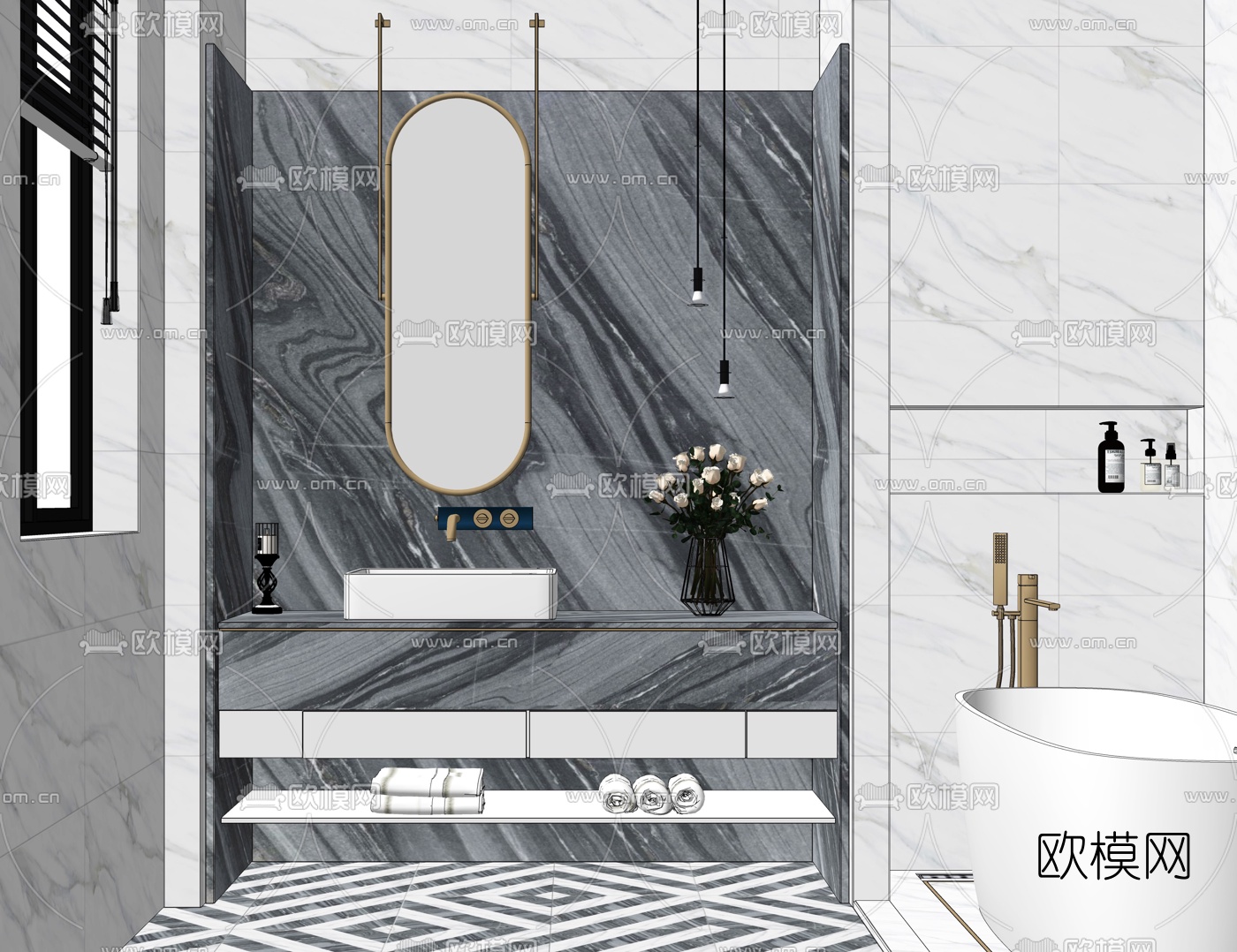 现代轻奢浴室su模型下载（渲染图2）