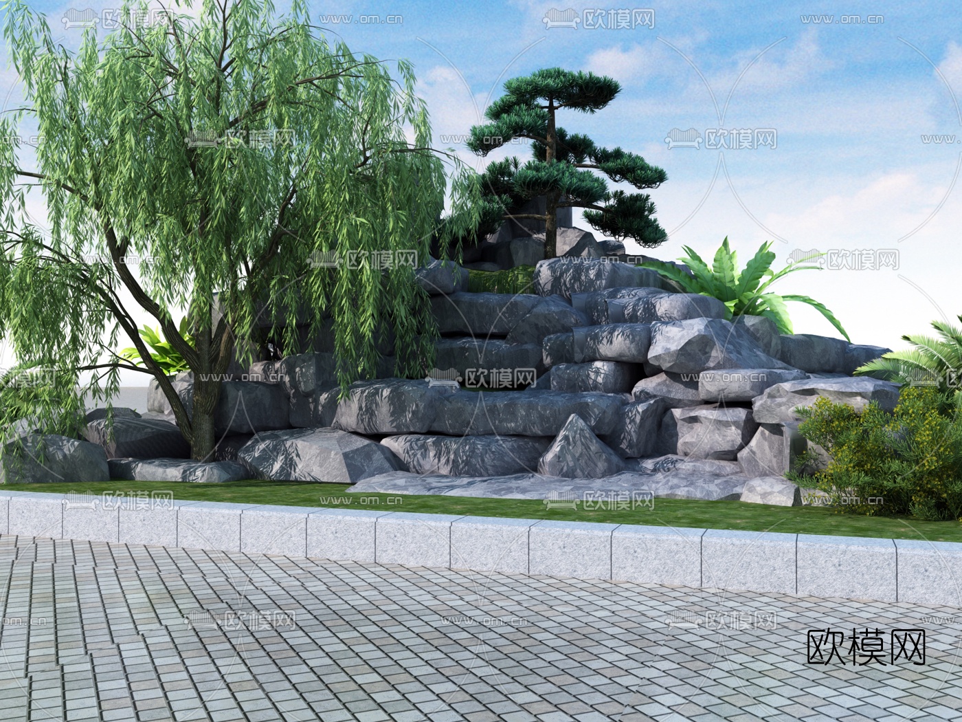 中式假山水池石头植物小品3d模型下载（渲染图4）