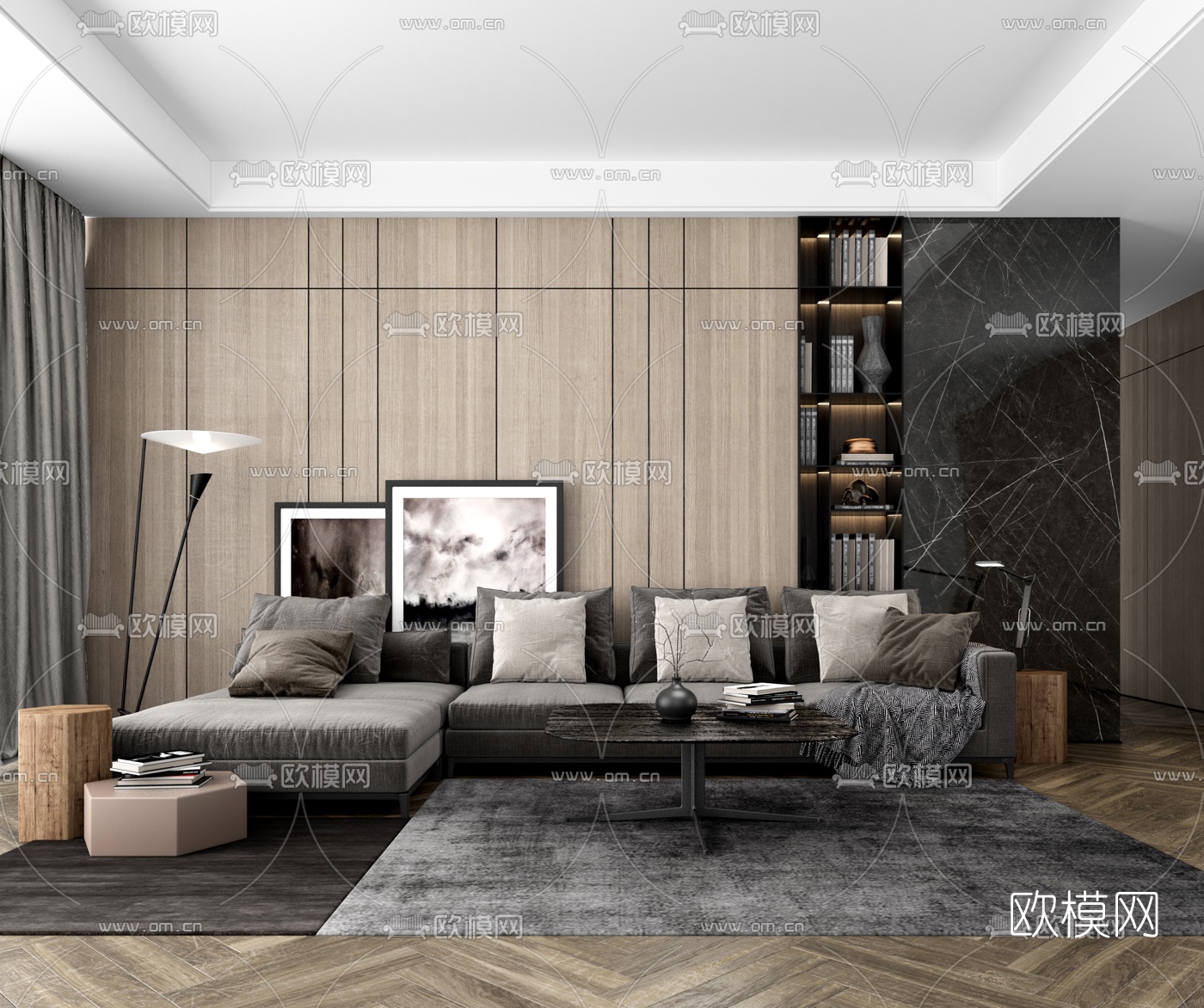 现代客厅沙发组合3d模型-免费3dmax模型库-欧模网