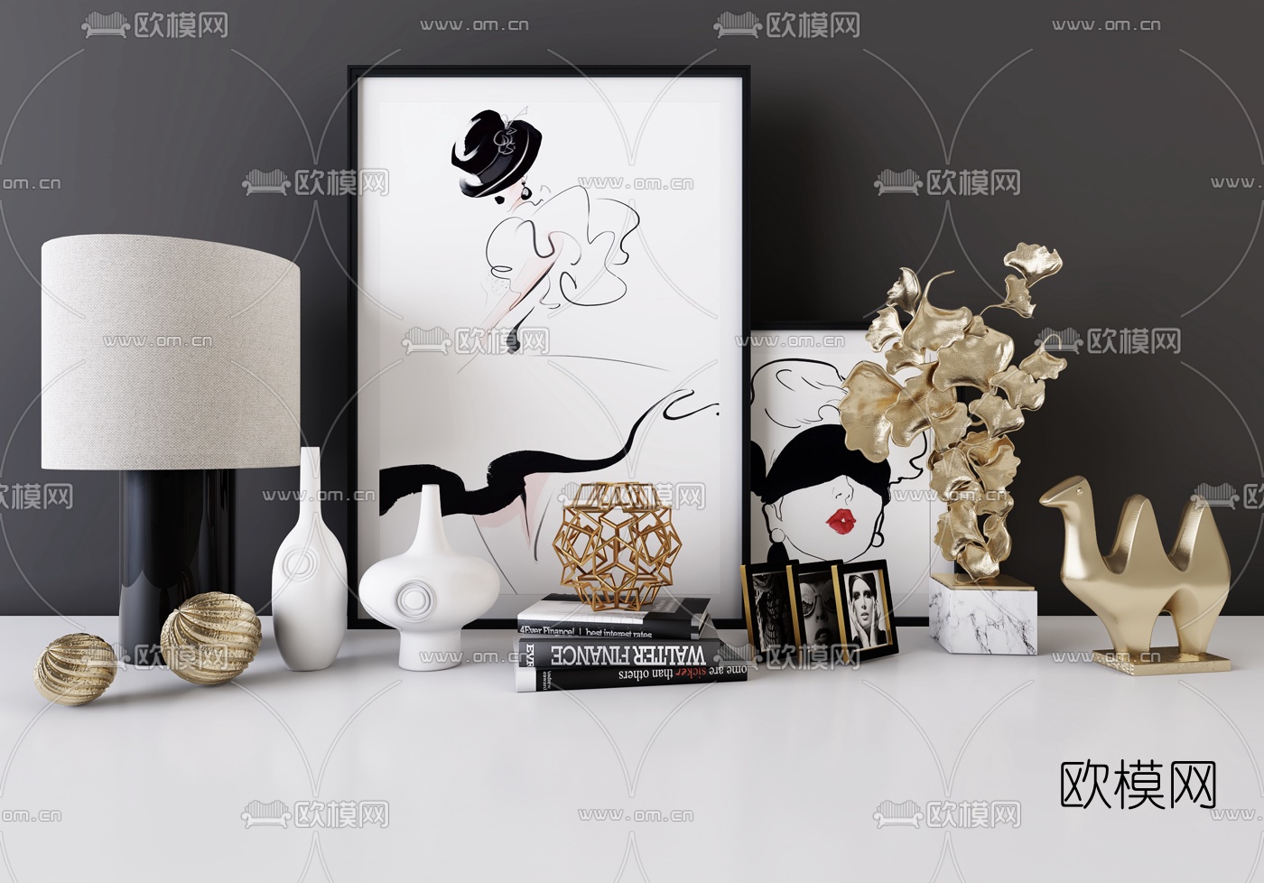 现代台灯书籍饰品摆件3d模型