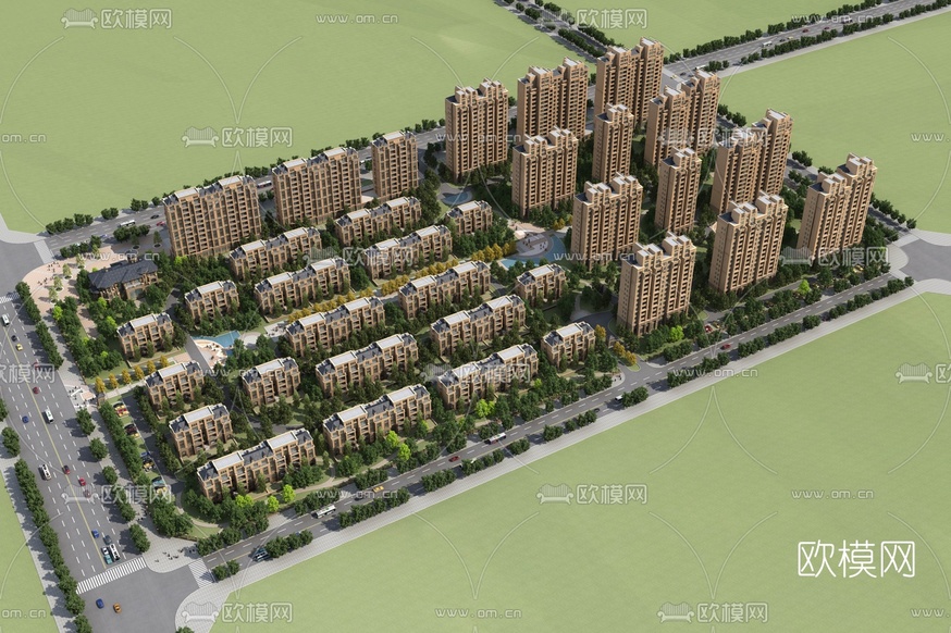 现代住宅小区鸟瞰3d模型下载