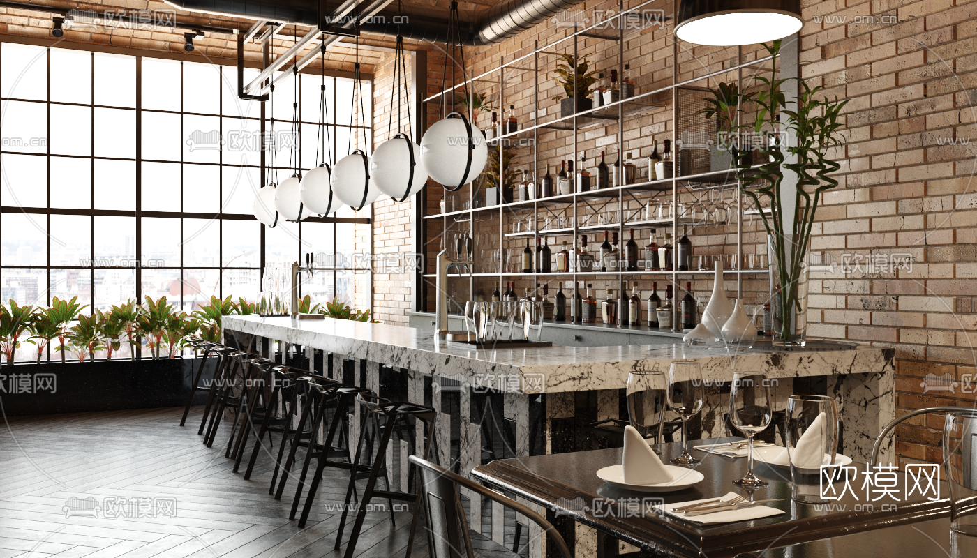 工业风西餐厅3d模型下载（渲染图2）