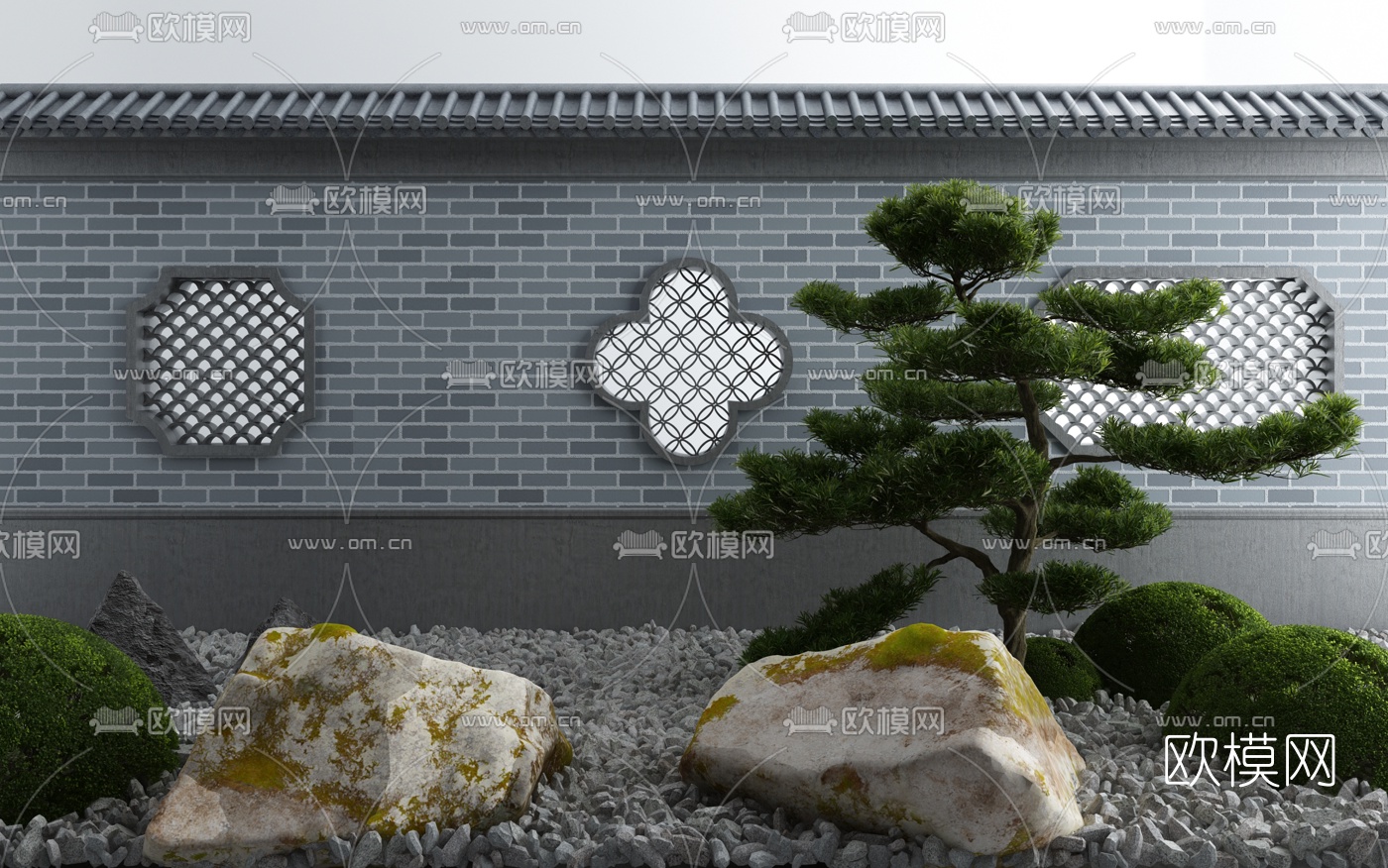 新中式景墙松树小品3d模型下载