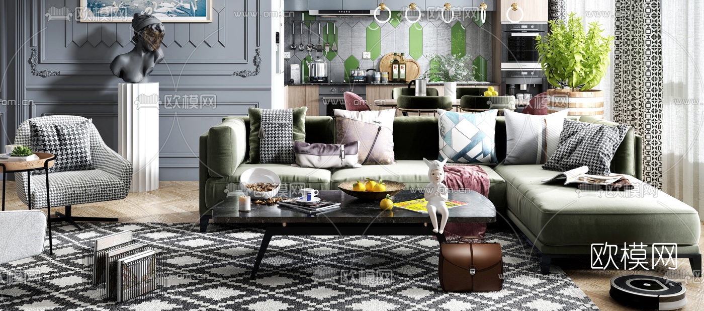欧式轻奢客厅3d模型下载（渲染图1）