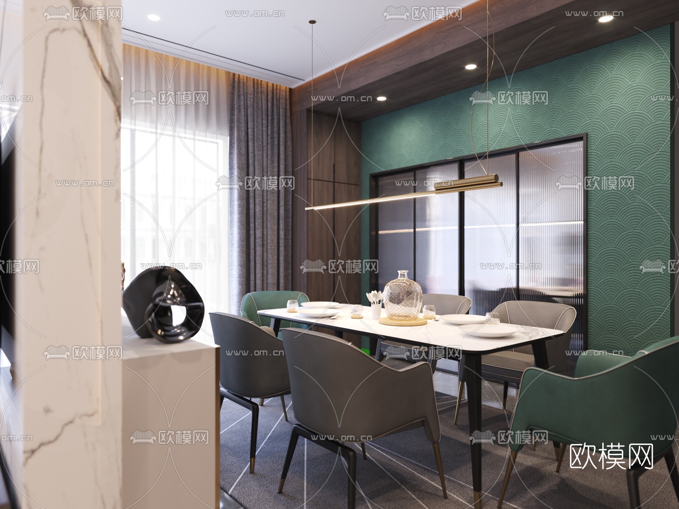 现代轻奢客厅餐厅3d模型