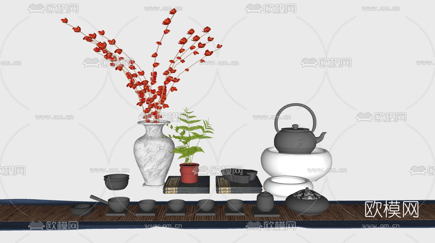 新中式茶具su模型下载