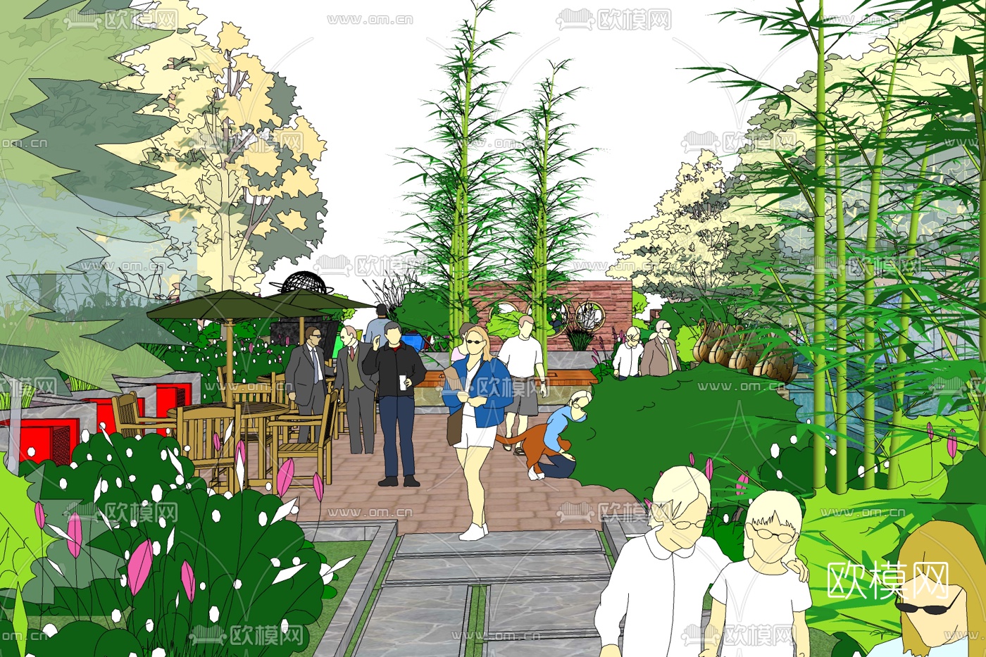 新中式园林景观免费su模型下载