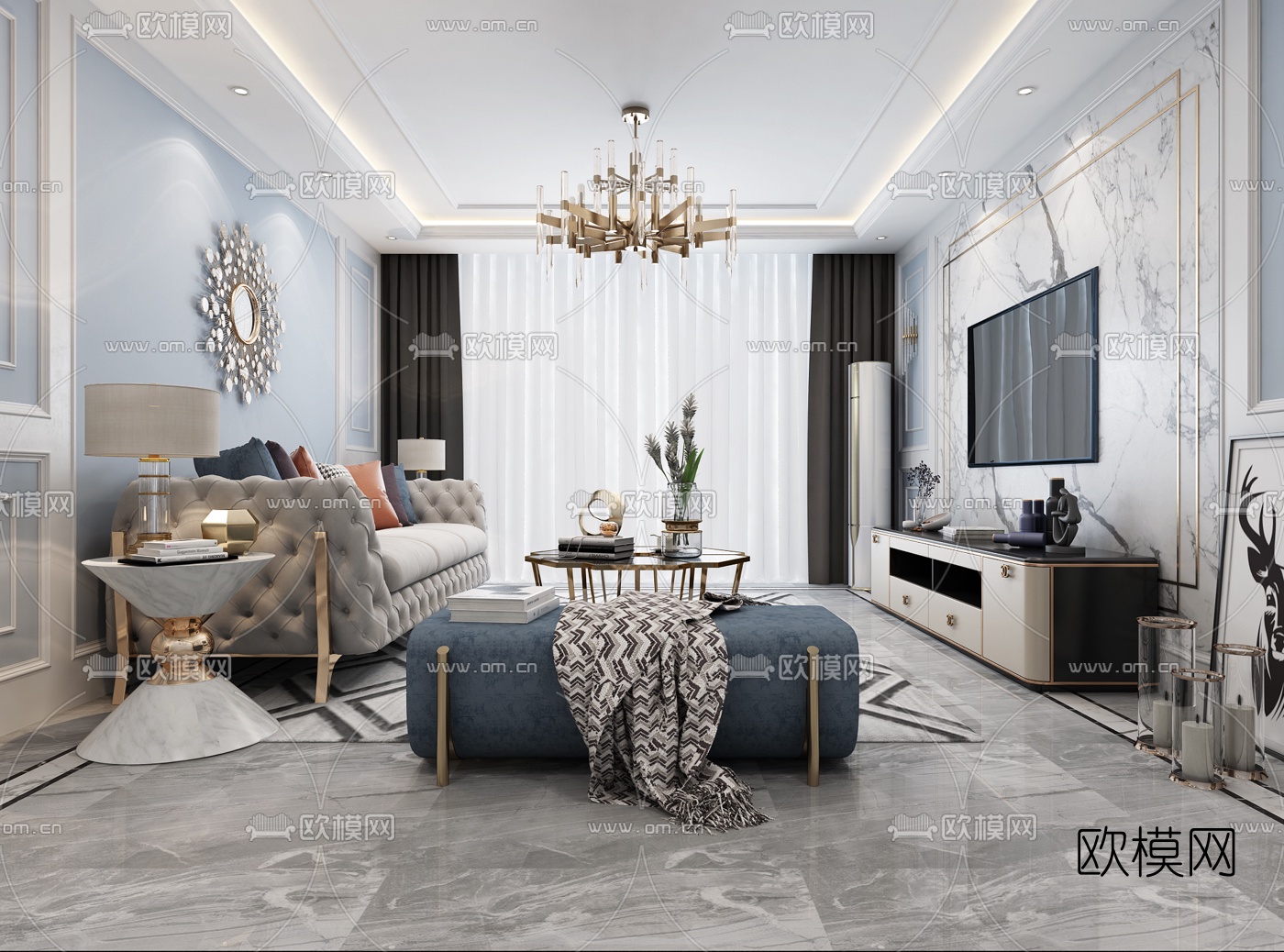 简欧客厅餐厅3d模型下载（渲染图1）