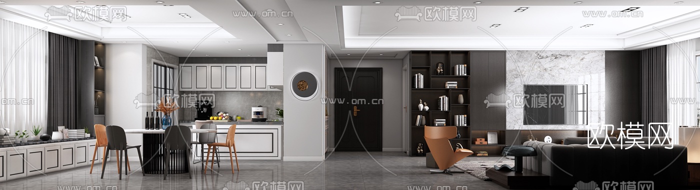 现代黑白灰客厅餐厅3d模型