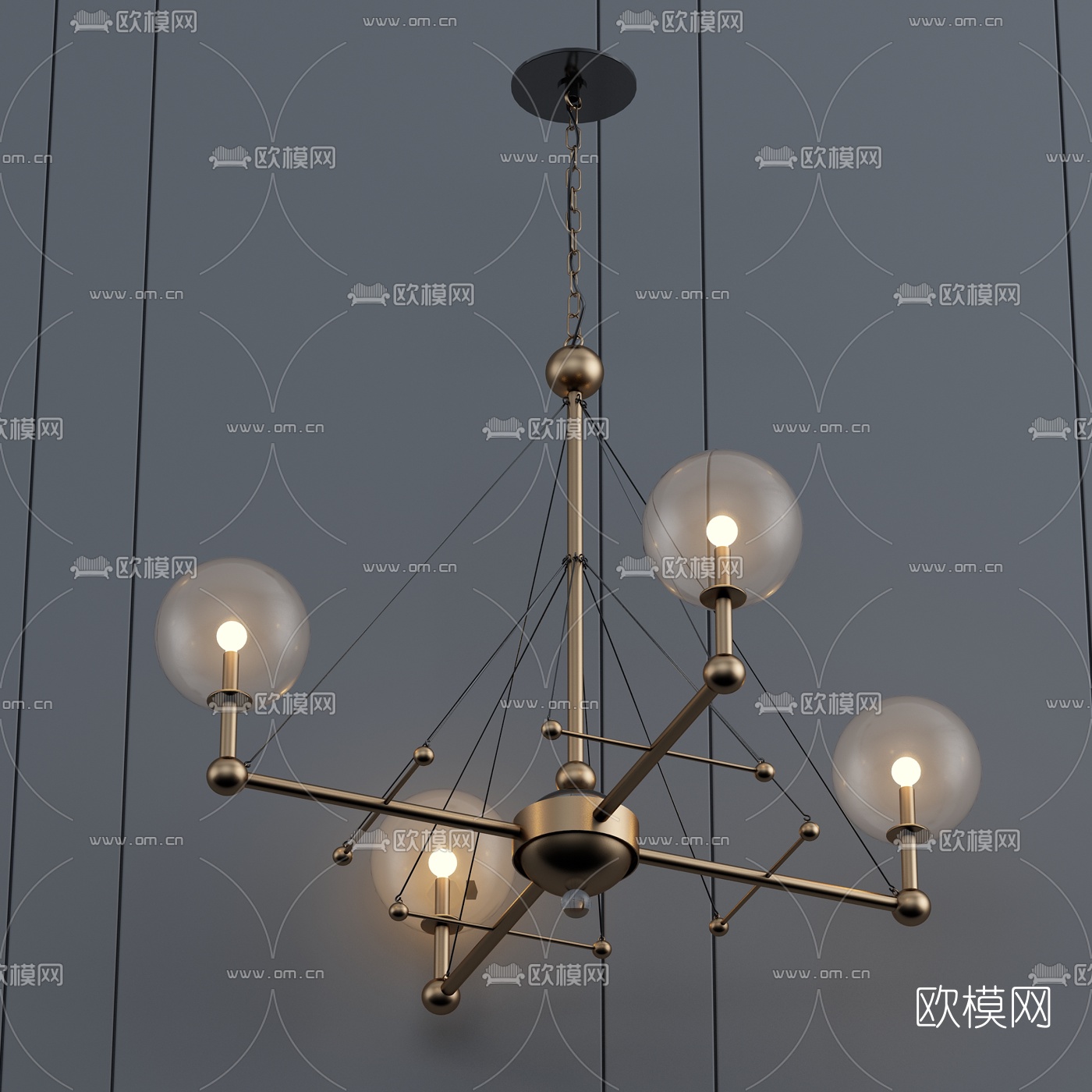 简欧金属玻璃多头吊灯3d模型下载（渲染图3）