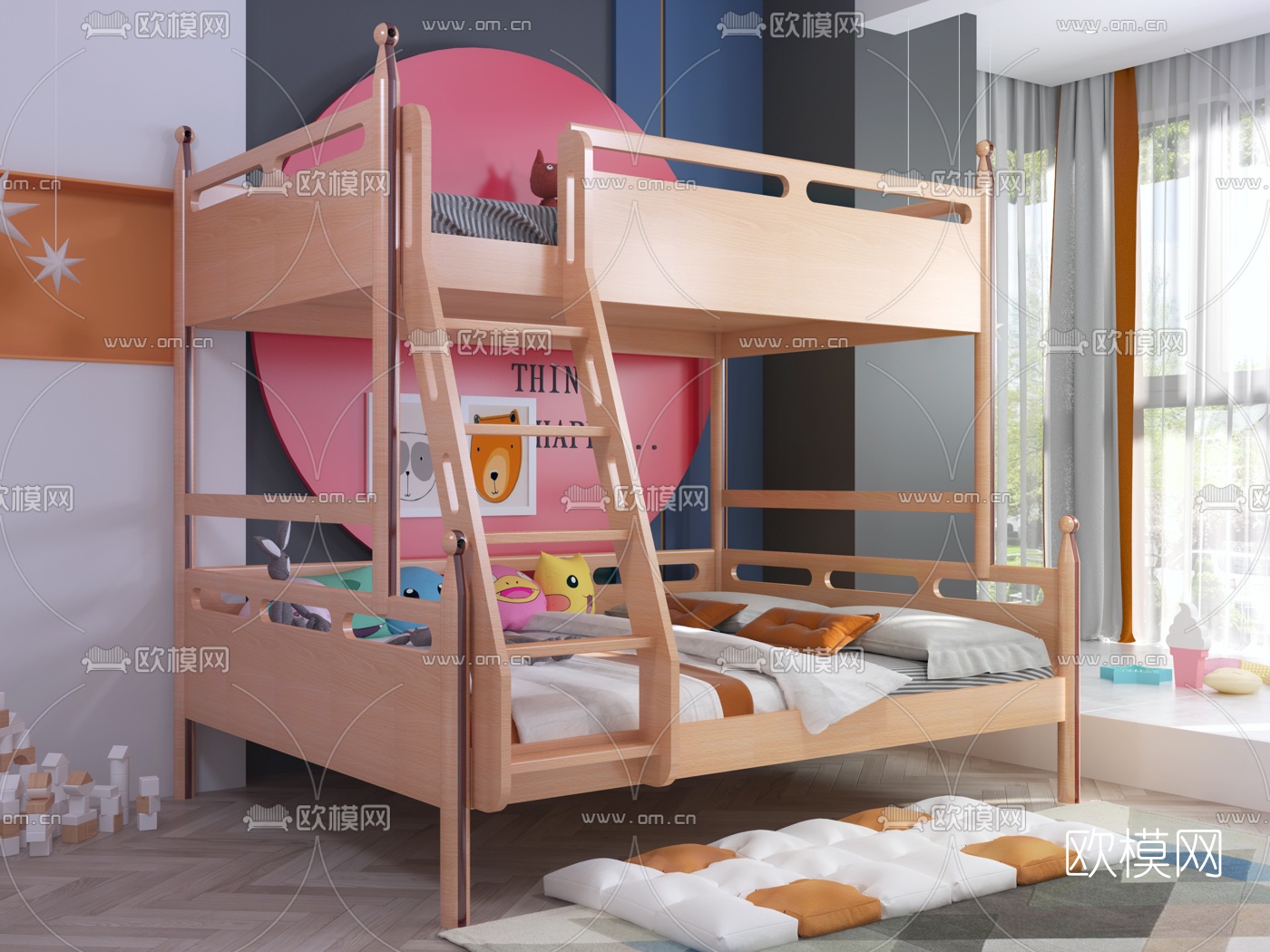 现代实木上下铺儿童床3d模型下载（渲染图1）