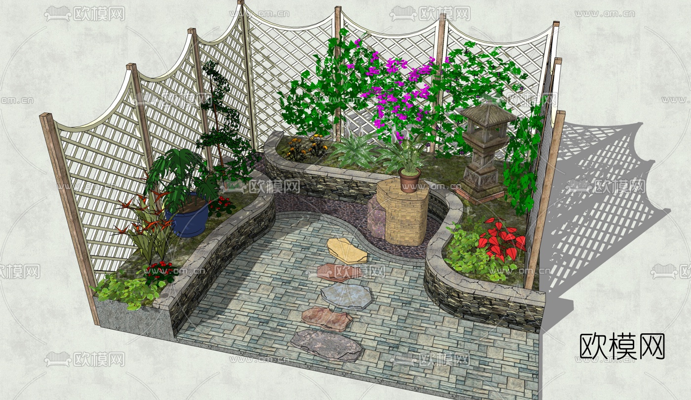中式庭院花园景观su模型下载（渲染图2）