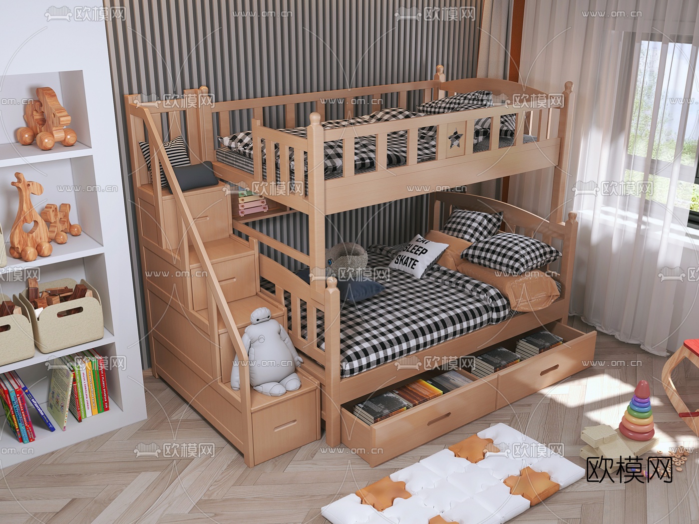 北欧原木上下铺儿童床3d模型下载（渲染图2）