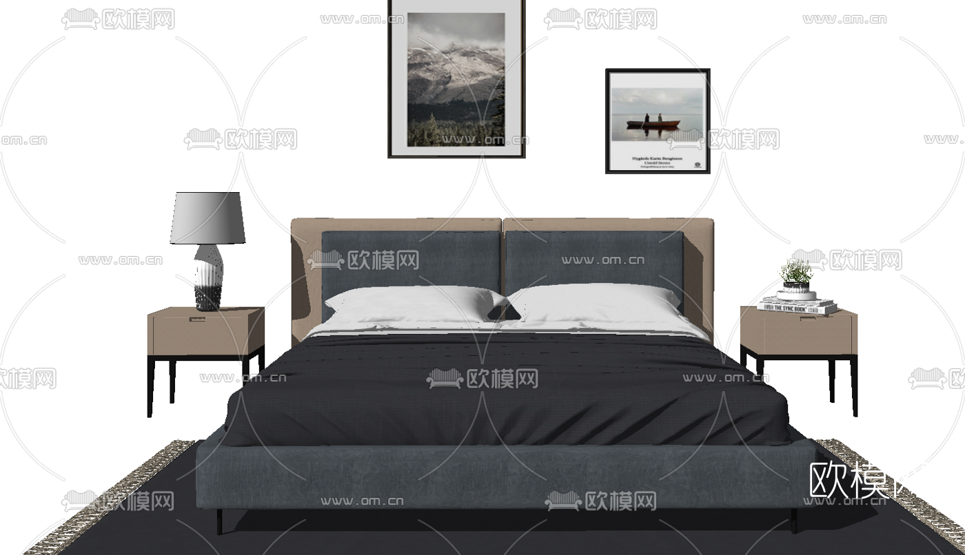 现代布艺双人床su模型下载