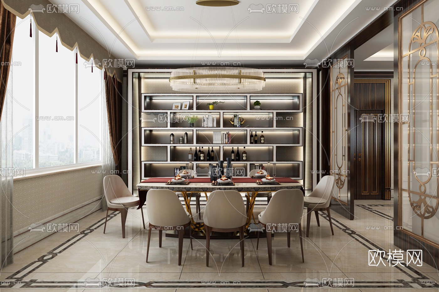 新古典轻奢客厅餐厅3d模型下载（渲染图4）