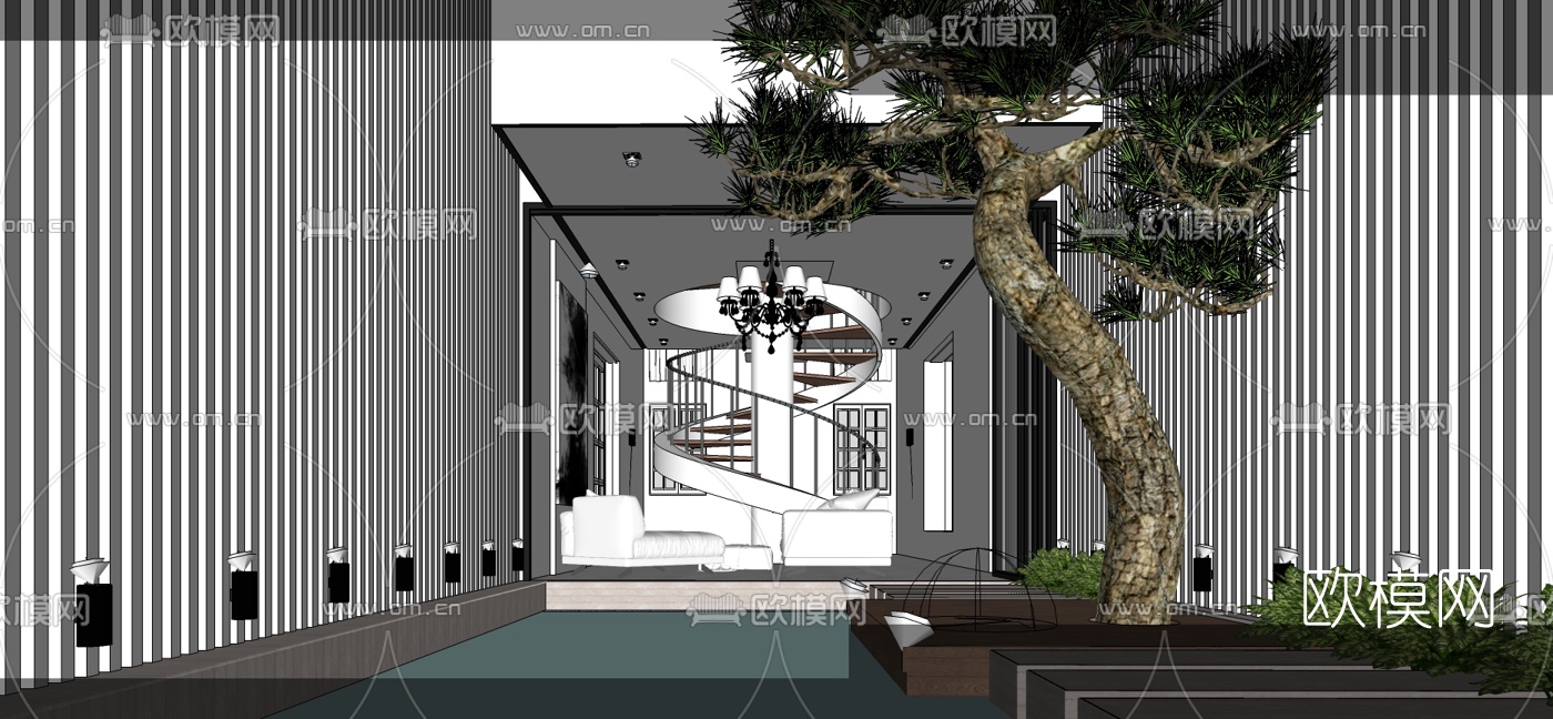 现代别墅庭院夜景su模型下载（渲染图2）