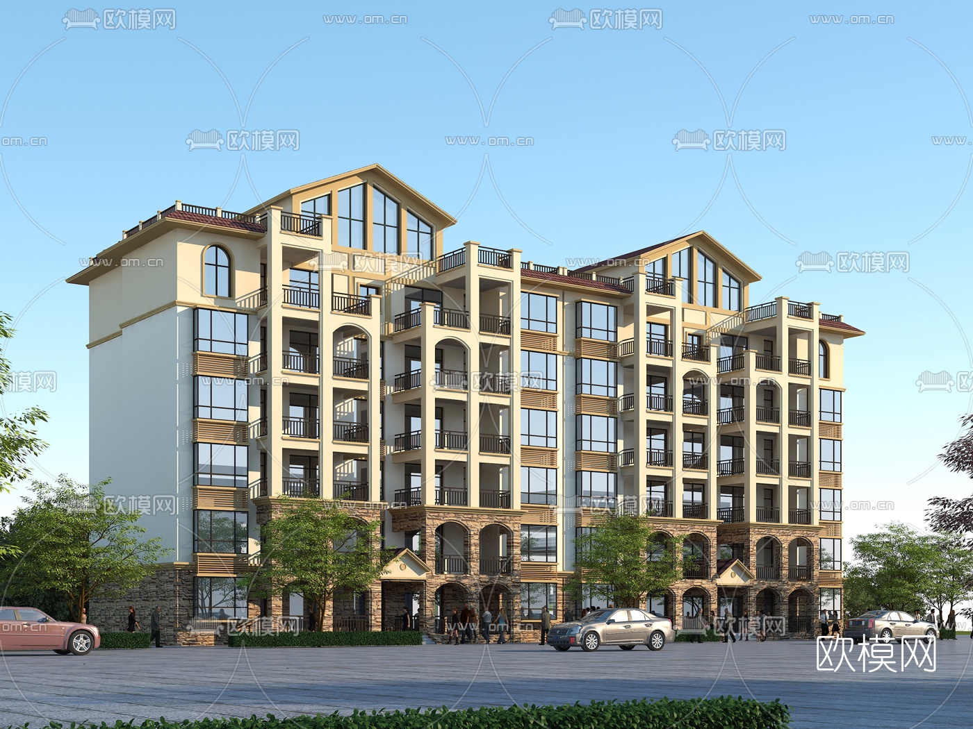 地中海多层公寓楼外观3d模型下载