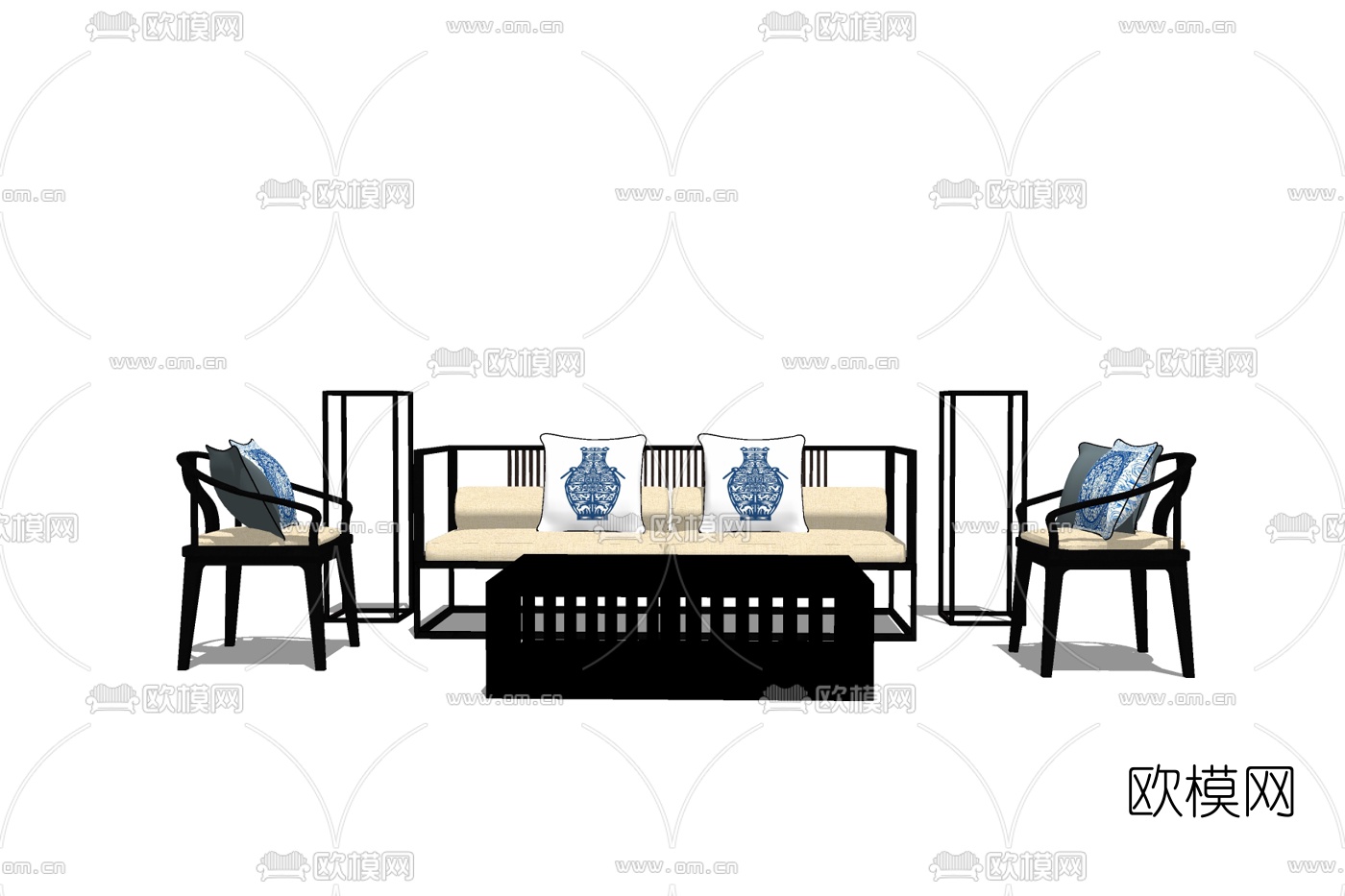 新中式布艺沙发组合su模型下载