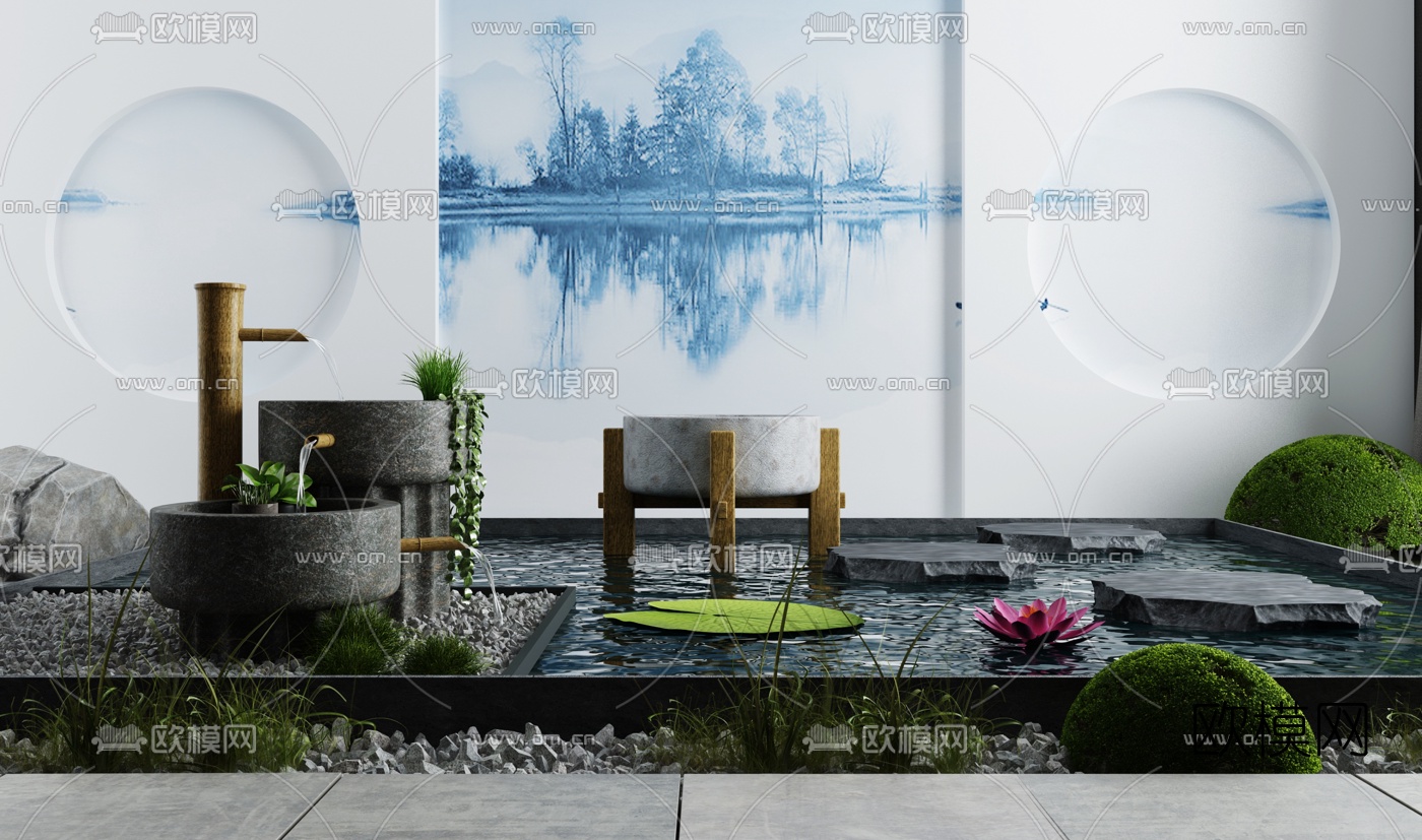 新中式竹流水景观小品3d模型下载