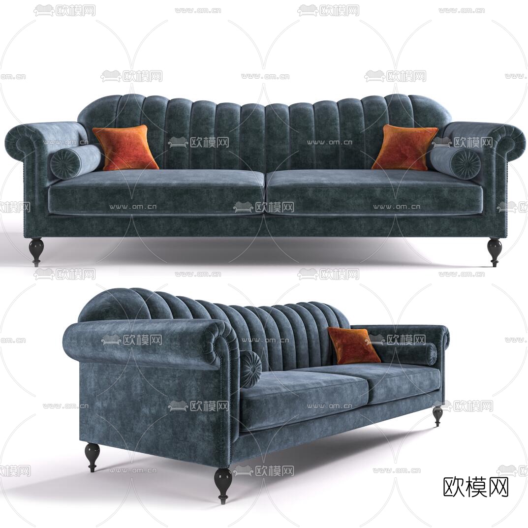 简欧布艺双人沙发3d模型-免费3dmax模型库-欧模网