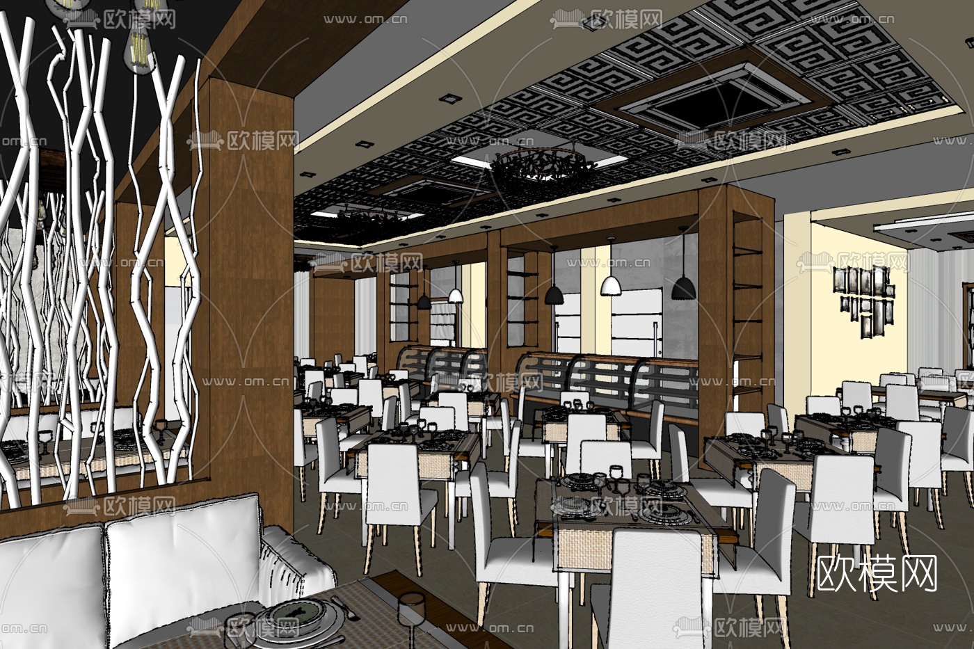 新中式西餐厅免费su模型下载