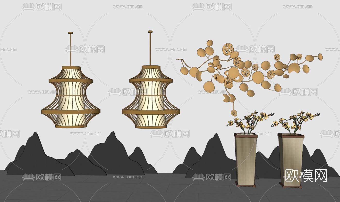 新中式吊灯盆栽组合su模型下载