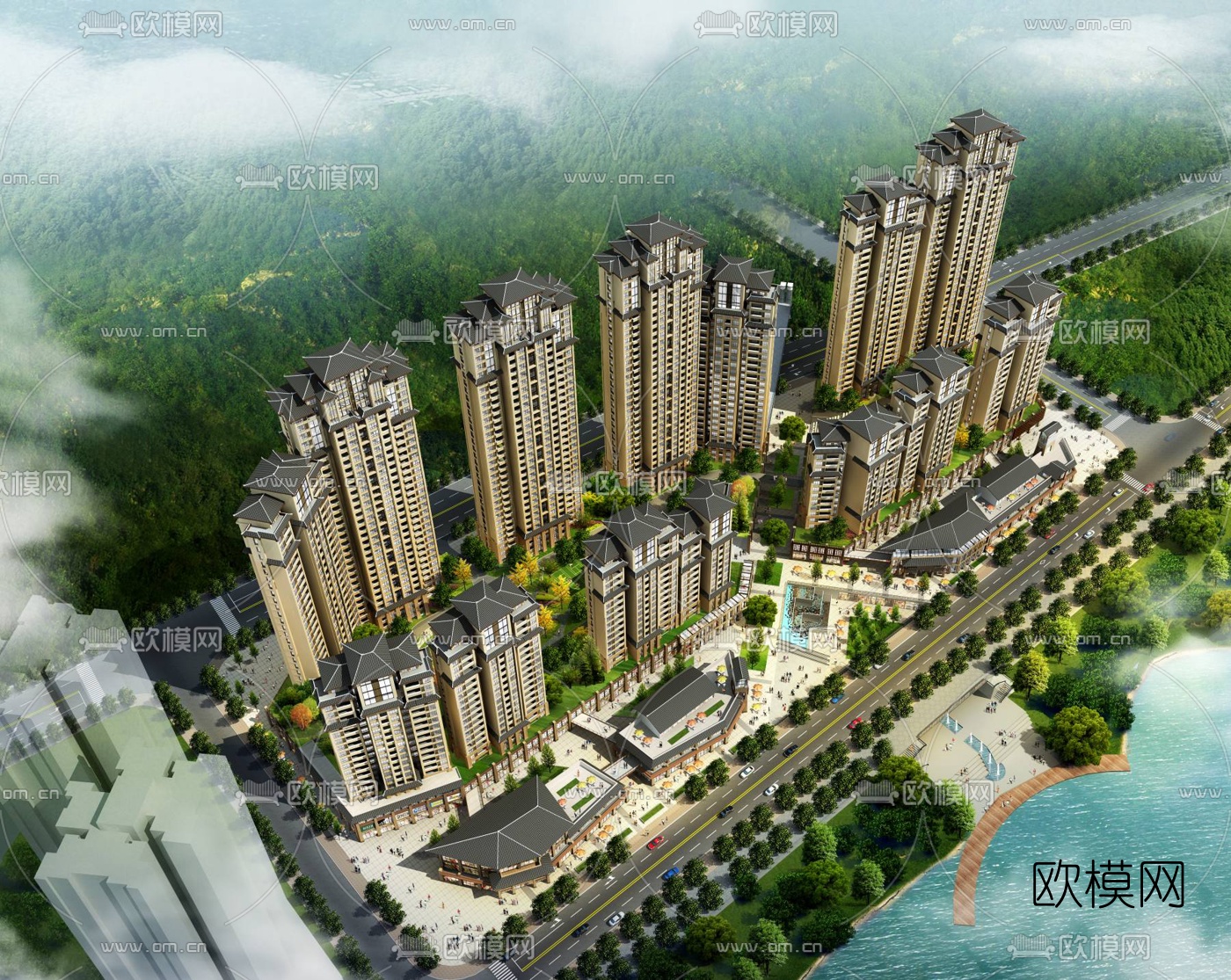 新中式高层住宅小区鸟瞰3d模型下载（渲染图1）