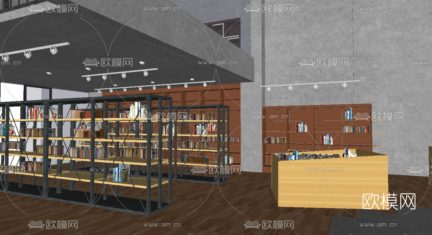 工业风书吧图书馆su模型下载（渲染图1）