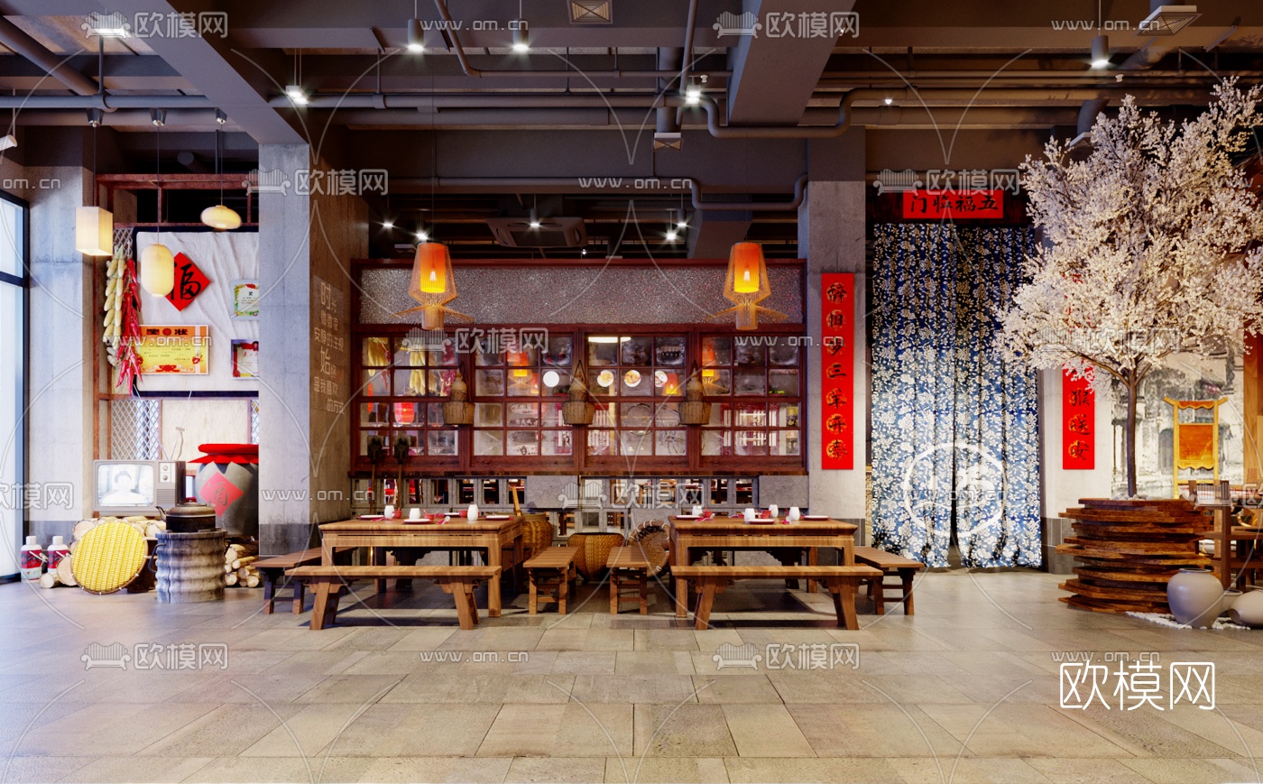 中式复古餐厅火锅店3d模型