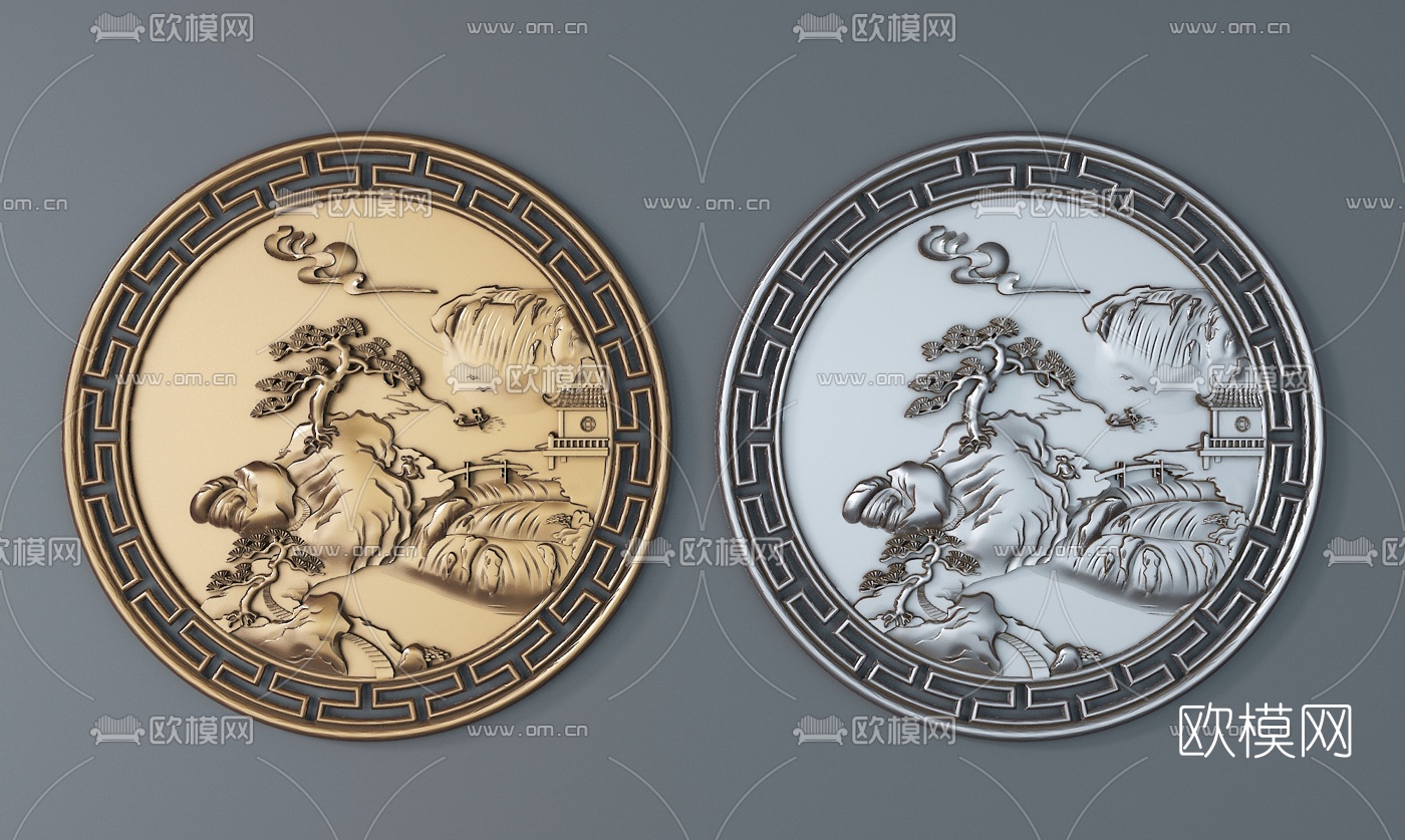 新中式金属圆形山水浮雕3d模型