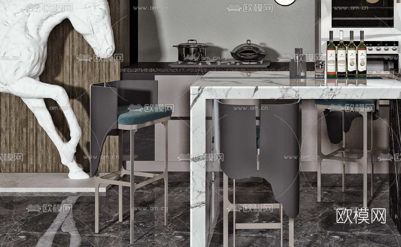 现代轻奢大理石橱柜中岛柜3d模型下载（渲染图2）