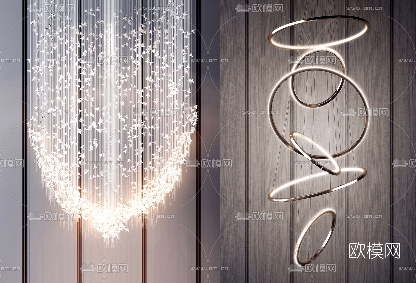 现代大堂装饰环形吊灯组合3d模型下载