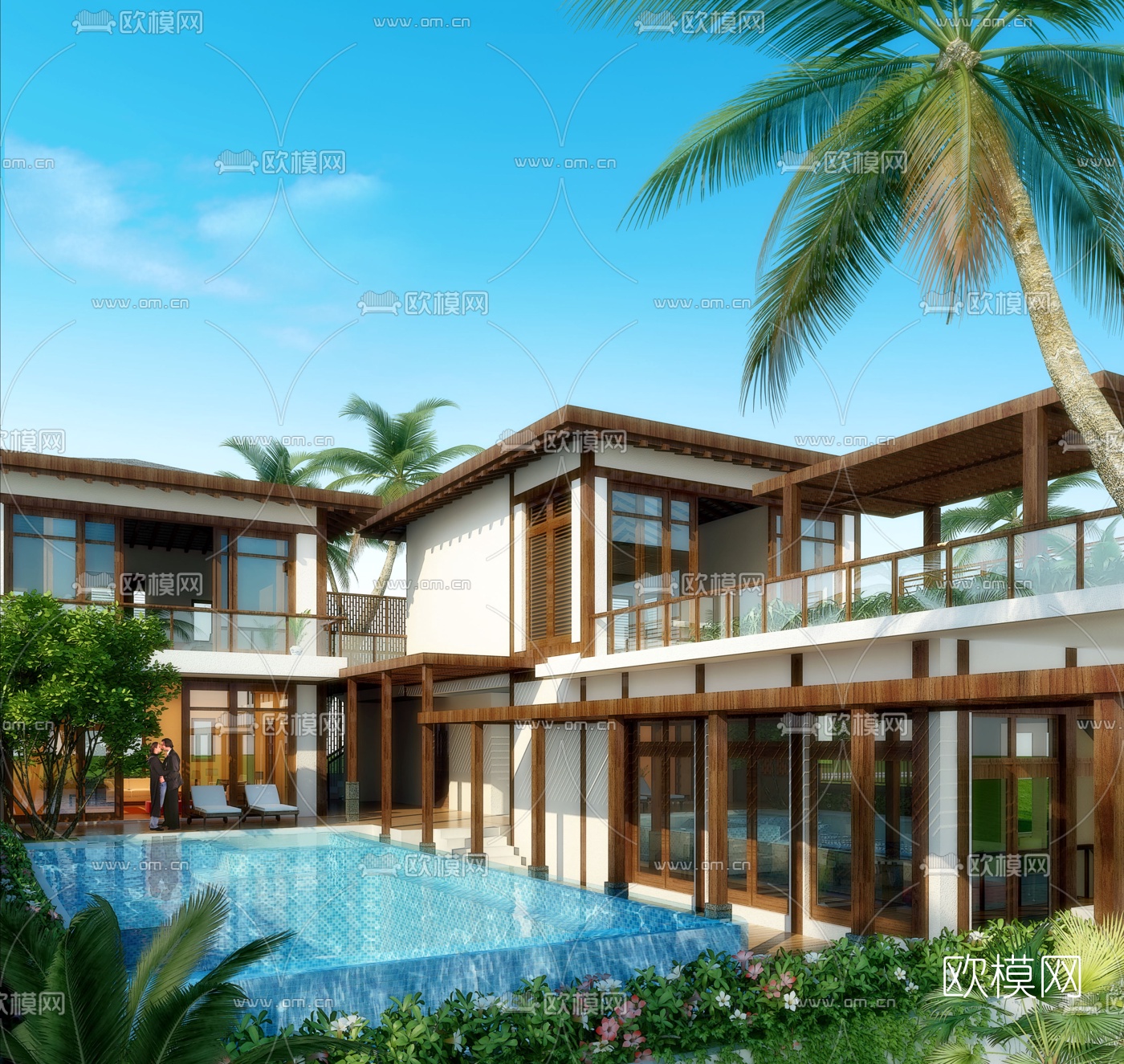 新中式民宿室外游泳池3d模型