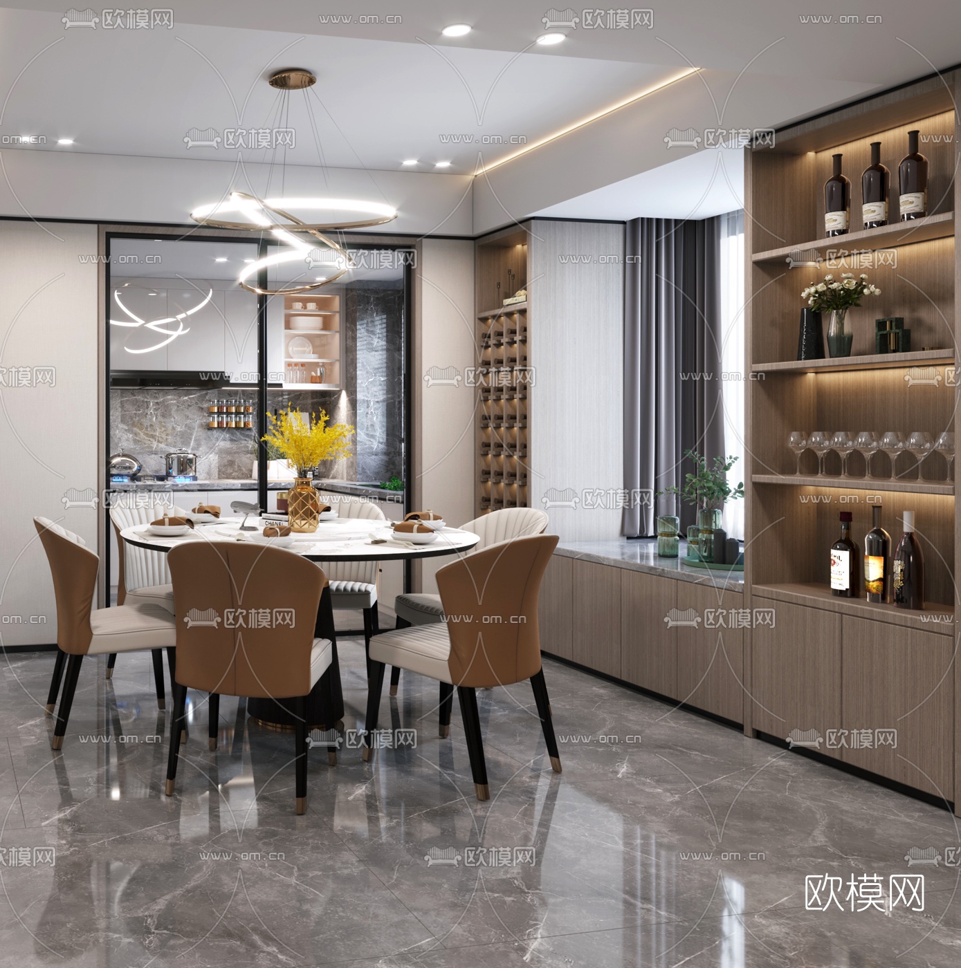 现代轻奢餐厅3d模型下载（渲染图2）