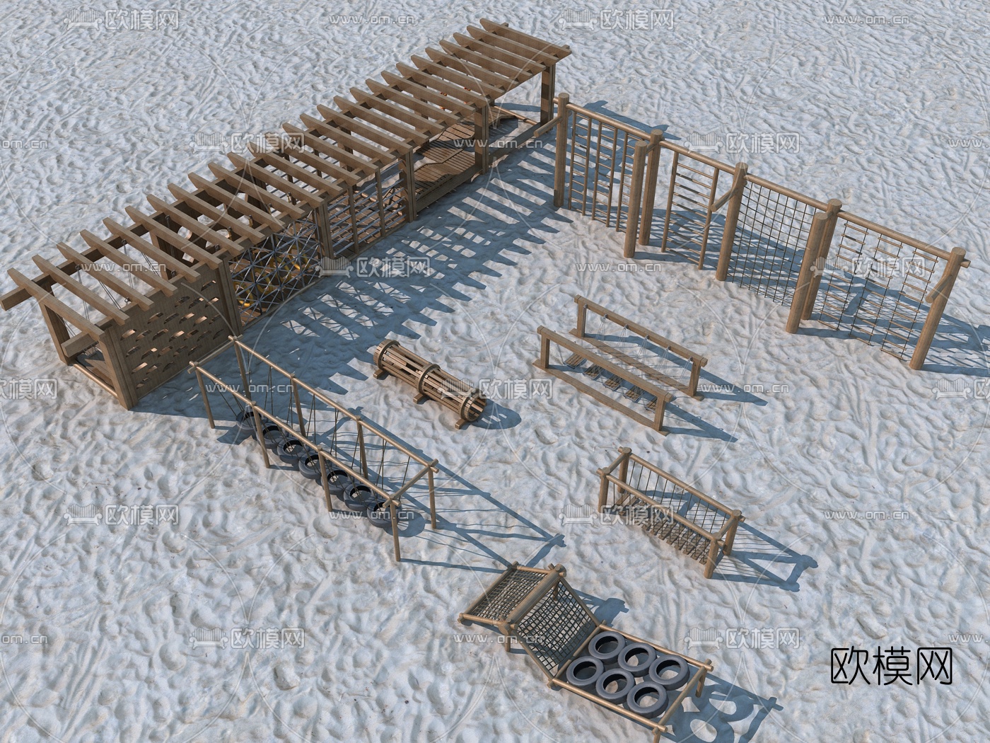 自然风儿童攀爬拓展训练设施3d模型下载（渲染图4）